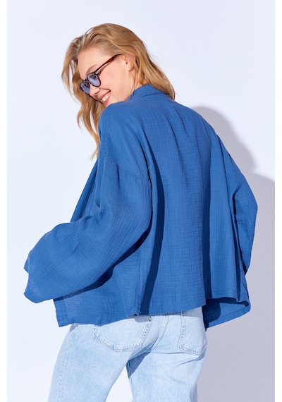 Manche İndigo Kolları Salaş Yıkamalı Müslin Oversize Rahat Kalıp Kadın Basic Gömlek Mks166881-01 Manche İndigo Kolları Salaş Yıkamalı Müslin Oversize Rahat Kalıp Kadın Basic Gömlek Mks166881-01