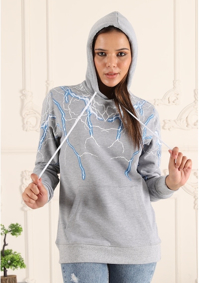 Espoirplus Gri Renk Şimşek Baskılı Unisex Sweatshirt Gri