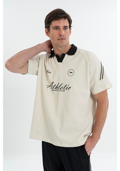 Maraton Relax Erkek Apaç Yaka Bej T-shirt Bej