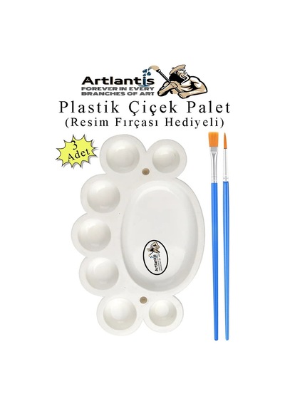 Plastik Çiçek Palet 3 Adet Çiçek Boya Paleti 8 Hazneli 17 Cm Resim Boyama Paleti Fırça Hediyeli Sanatsal Hobi