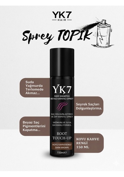 Yk7 Koyu Kahve/dark Brown Saç Dolgunlaştırıcı Ve Dip Kapatıcı Topik Sprey 150 Ml.
