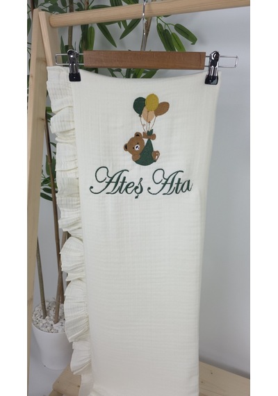 Gros Shop Müslin Yeni Doğan 4katlı Organik %100pamuk Kişiye Özgü Nakışlı Hastane Çıkış Seti-yeşil Ayıcık Balon Ekru-1