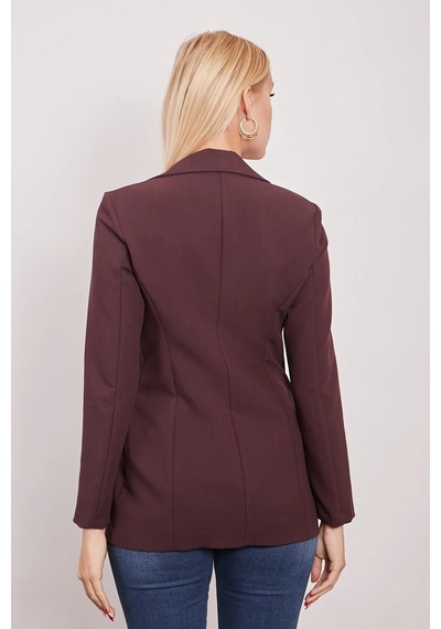 Kadın Düğme Detaylı Uzun Kol Şık Ofis Süs Cep Kapaklı Kumaş Blazer Ceket-mürdüm Mürdüm