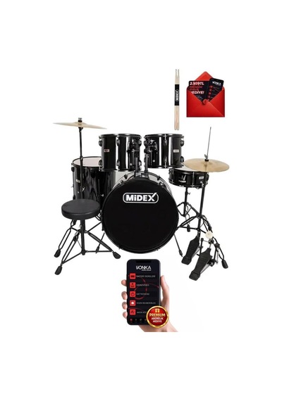 Midex CD900X-BK 22'' Yetişkin Akustik Bateri Davul Seti 22B-13T-12T-16F-14S (5 Parça)