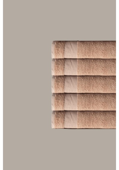 5 Li Kareli Bej Renk Yumuşak Pamuk El Yüz Havlusu Seti 50x90 Cm