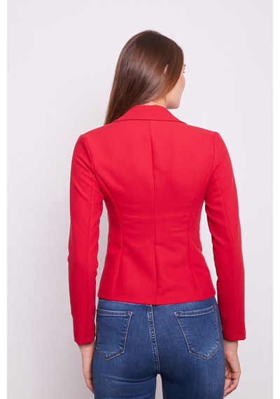 Yakalı Flato Cepli Uzun Kol Pamuklu Kumaş Kısa Blazer Ofis Ceket -kırmızı Kırmızı