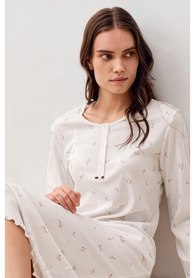 Artış Collection Uzun Kollu Desenli Düğmeli %100 Pamuk Gecelik 18111