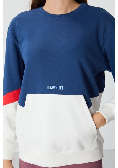 Tommy Life Parlament Kompakt Pamuklu Kalın Pürüzsüz Dokulu O Yaka Oversize Fit Kadın Sweatshirt - 97289 Parlament Mavisi