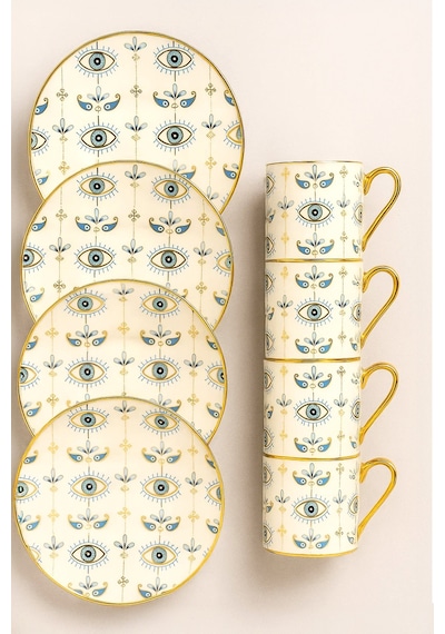 Altın Yaldızlı Nazar Göz Desenli 6 Kişilik Porselen Fincan Takımı 12 Parça Şık Sunum Seti Evil Eye Desenli