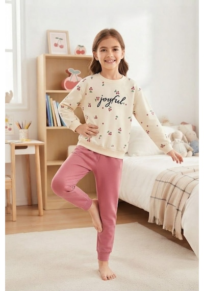 Pina Kids Kız Çocuk Kirazlı Desenli Okul Günlük Eşofman Takımı Esf7034 Pembe