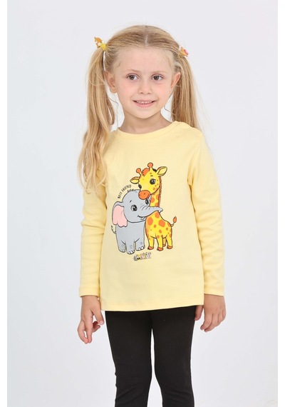 Toontoy Kız Çocuk Zürafa Fil Baskılı Sweatshirt Açık Sarı
