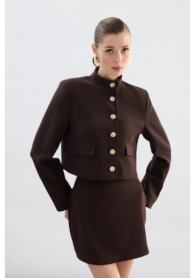 Sateen Düğmeli Kısa Ceket - Kahve-136773 Kahve