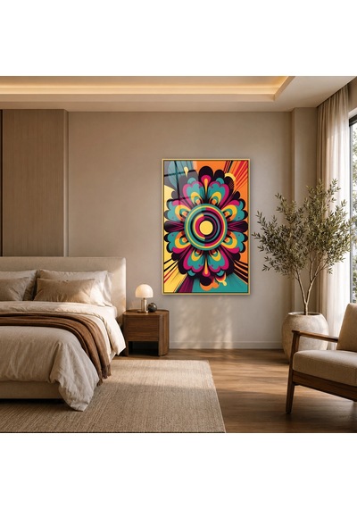 Retro Şeritli Çiçek Mandala Gold Çerçeveli Cam Tablo