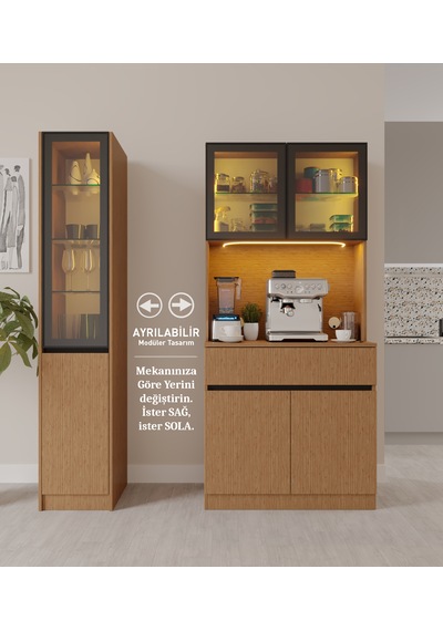Bambu Midi Sol Vitrinli Komple Mdf Led Aydınlatmalı Kahve Köşesi