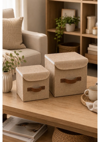 2li Kapaklı Jüt Organizer Kutu Seti 20x20x20 Cm - 25x25x25 Cm Katlanabilir Düzenleme Kutusu Organizer Seti Dolap, Raf Ve Banyo Düzeni İçin Doğal