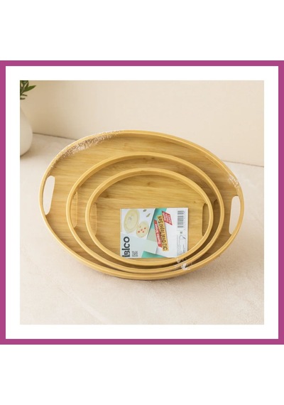 Gees Global Oval Bambu Ahşap Tepsi Seti 3'lü 20x29, 26x36, 31x45 Cm Gbzs