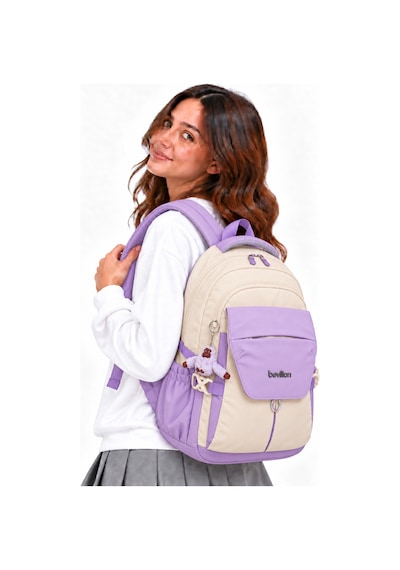 Okul Çantası Su Geçirmez Kumaş Unisex Okul Sırt Çantası 2601 Bej-lila Beyaz - Lila