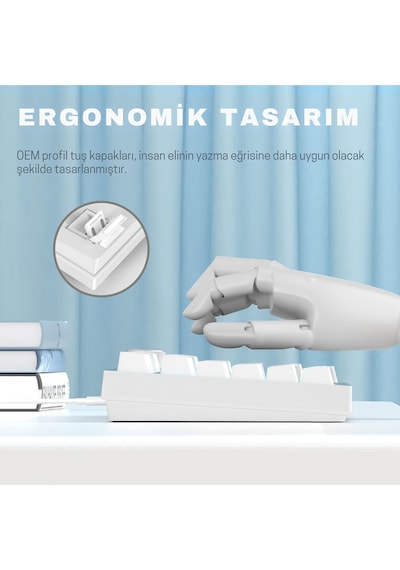 Ak820 Kablolu Mekanik Oyun Klavyesi , Mavi Işıklı, Beyaz, 82 Tuş, Hot Swap, Anti Ghosting