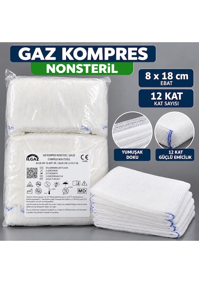 Ilgz Nonsteril Kompres 8 X 18 Cm 12 Kat Yumuşak Dokulu Yüksek Emicilik 1000 Adet