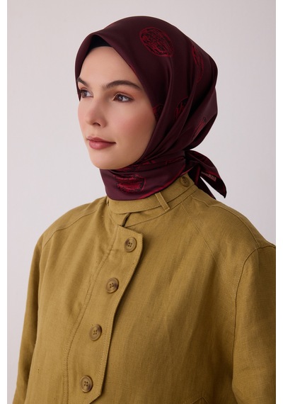 Belli Geometrik Desen %100 Twill İpek Eşarp Be27 Bordo-klırmızı