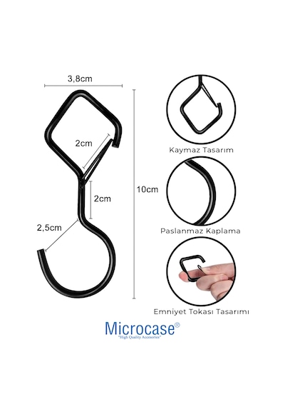 Microcase Emniyet Kilitli S Kanca Askı Düzenleyici - Çok Amaçlı Paslanmaz Kaplama Mutfak Banyo Gardırop Askı Aparatı Siyah 5 Adet - Al5884