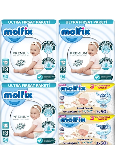 Molfix Premium Bebek Bezi Beden:3 4-9kg Midi 282 Adet + 6 Adet Islak Mendil 3'lü