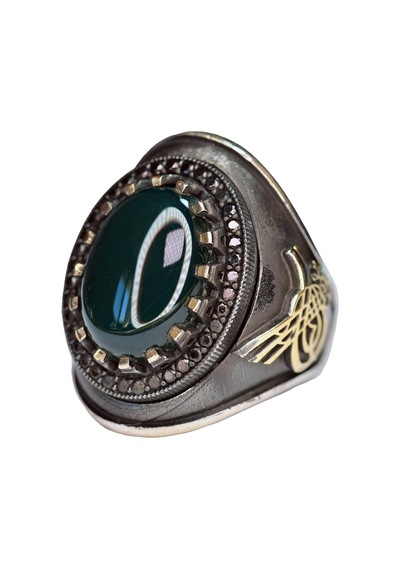 Erkekler İçin Gümüş Yüzük - Doğal Jade Taşı İle Osmanlı Tuğra Tasarımı Gümüş