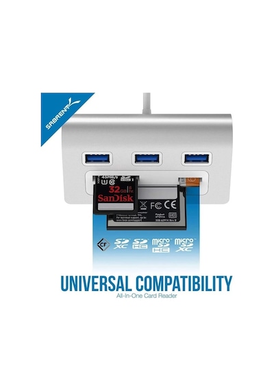 Sabrent 3 Bağlantı Noktalı Alüminyum Usb 3.0 Hub Ve Çoklu Kart Okuyucu Hb-macr