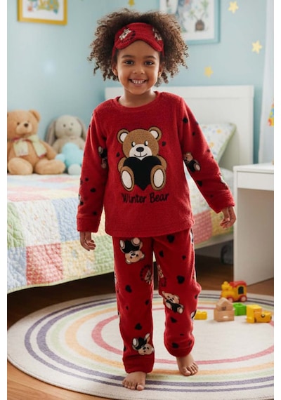Kız Çocuk Göz Bantlı Peluş Polar Pijama Takımı Koyu Kırmızı