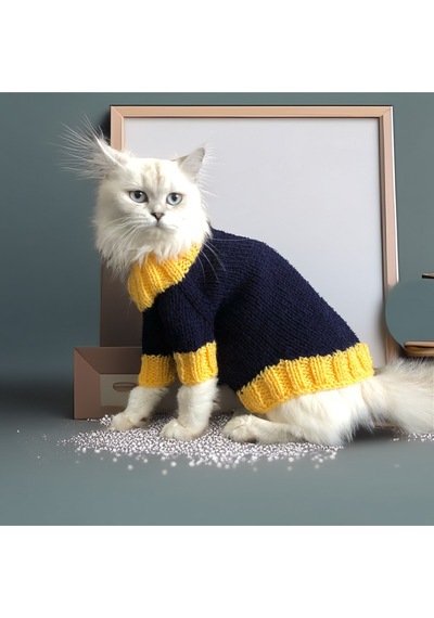 Kedi Ve Köpek İçin Ayılı Sarı Lacivert Kazak