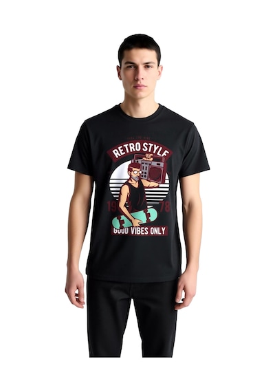 Paybuy Erkek Retro Grafik Baskılı Tişört Pozitif Mesaj Yazılı Günlük Rah Siyah