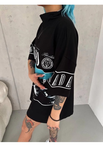 Kadın Baskılı Yarım Fermuarlı Kısa Kol T-shirt - Siyah