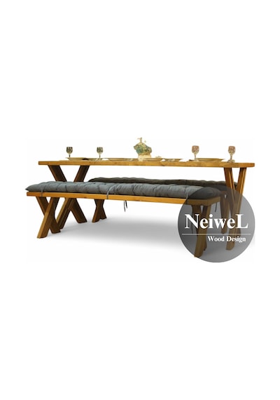 Neiwel Ken Doğal Ahşap Banklı Yemek Masası Takımı-80-260 Takım Açık Ceviz