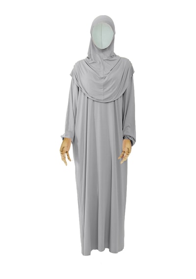 Kız Çocuk Tesettür Elbisesi Tek Parça Namaz Kıyafeti Tak Çıkar Başörtülü Pamuklu Lastikli Kolu Gri