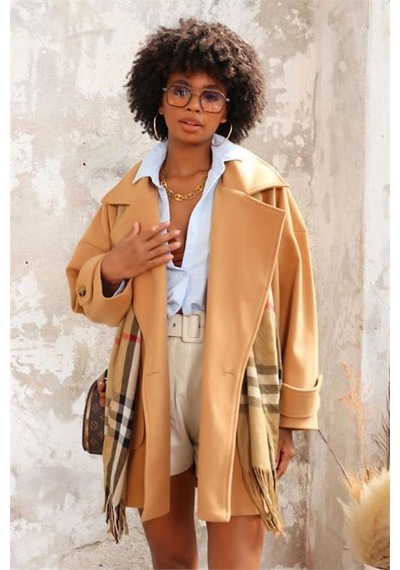 Dip Moda Kadın Camel Kolu Kemerli Kaşe Kaban Dpnbasp6767 Camel