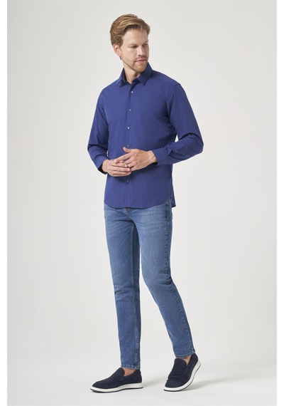 İmza Lacivert Sert Yaka Uzun Kol Cepsiz Slim Fit Pamuklu Gömlek 1004260181
