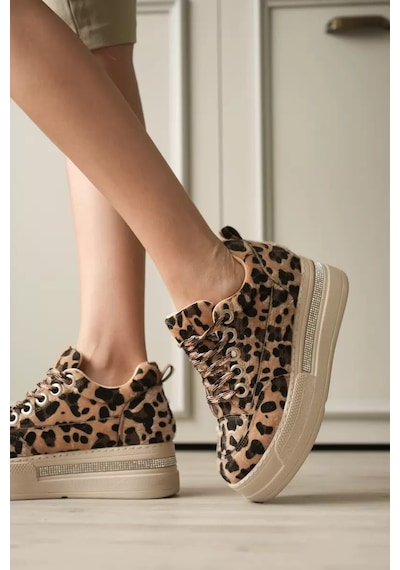 Trendella Kadın Leopar Desenli Gizli Topuklu Sneaker Tr04ms01e Beyaz