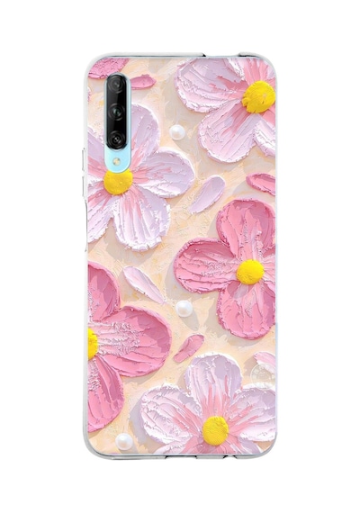 Huawei P Smart Pro Uyumlu Pembe Beyaz Çiçekler Sulu Boya Baskılı Silikon Kılıf