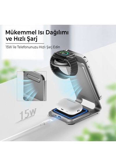 Bix BXMW3 15W 3in1 Ultra İnce Manyetik Kablosuz Şarj Standı