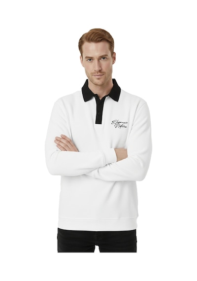Deepsea Erkek Beyaz Relax Fit İçi Polarlı Polo Yaka Sweatshirt Pamuklu Kalın Sweatshirt 2600762 Beyaz