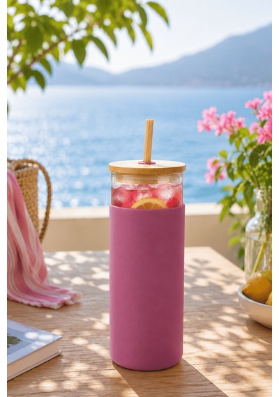 Bambu Pipetli Cam Bardak 550 Ml Silikon Kılıflı Kahve Bubble Tea Ve Su Şişesi - Pembe