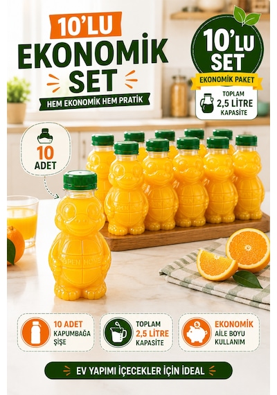 10'lu Set Şeffaf Kaplumbağa Şişe Yeşil Kapaklı Pet İçecek Şişesi Çocuk Beslenme Matarası 250 Ml