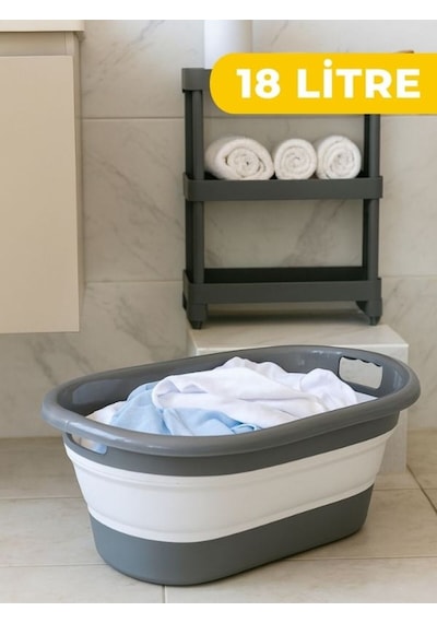 18 Litre Katlanır Akordeon Çamaşır Sepeti - Çok Amaçlı Düzenleyici Plastik Gri 50 X 40 Cn Diğer