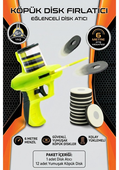 Köpük Disk Fırlatıcı Oyuncak - 12 Diskli Güvenli Set 6+ Yaş