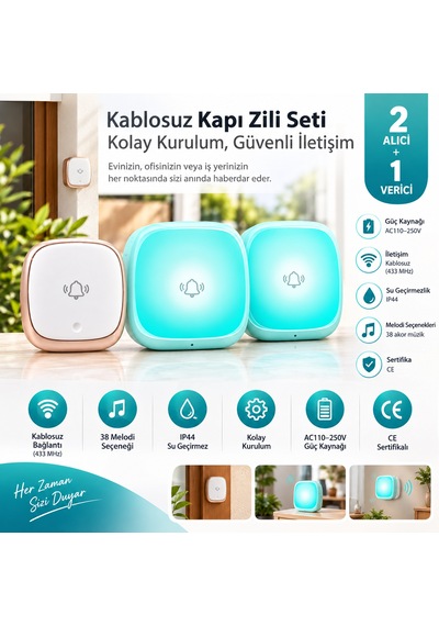 Hpytech Kablosuz Kapı Zili Seti 2 Alıcılı Ip44 Su Geçirmez 38 Melodi 433mhz Kolay Montaj