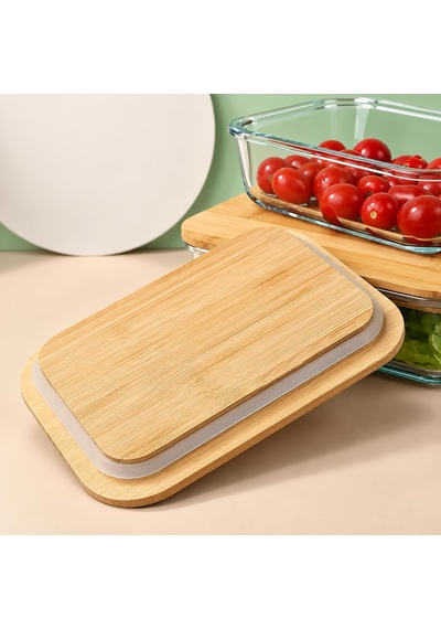 Cam Saklama Kabı, Dikdörtgen Borosilikat Cam Gıda Saklama Kabı, 630 Ml Bambu Kapak
