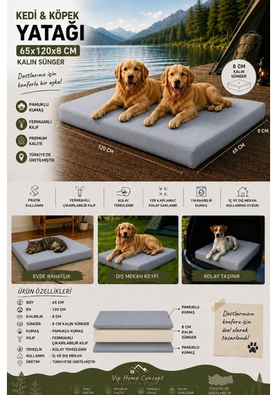 Xl Büyük Irk Köpek Yatağı Süngerli Fermuarlı Yıkanabilir Kılıflı Köpek Minderi 65x120x8 Cm-gri