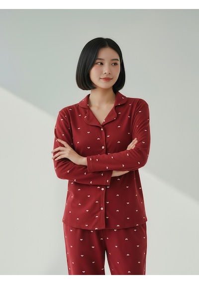 Süet Gömlek Pijama Takımı 7004 Puantiyeli Kırmızı