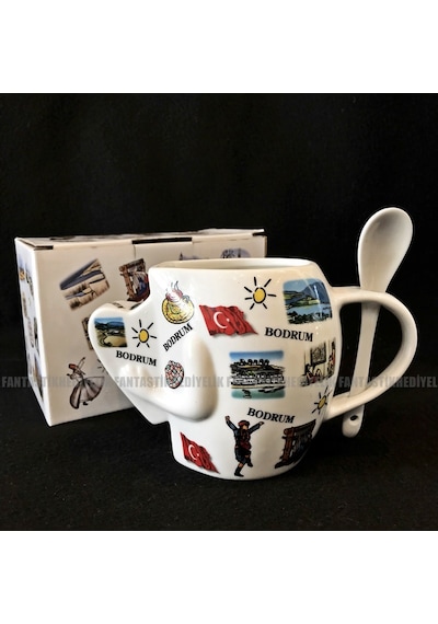 Bodrum Ege Yöresel Desenli Kaşıklı Porselen Kalpli Bardak Kupa