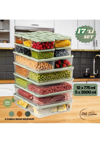 17'li Buzdolabı Düzenleyici Organizeri Mikrodalgaya Uygun Difriz Saklama Kabı 5x3500ml 12x775ml Mint